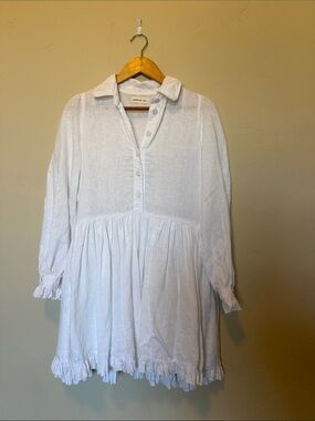 Morton Mac designer White Linen Ruffle Hem Button Front Tunic Dress